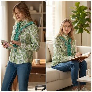 Etro Milano Sz 8 Green Paisley Ruffle Button-Up Shirt Made in Italy